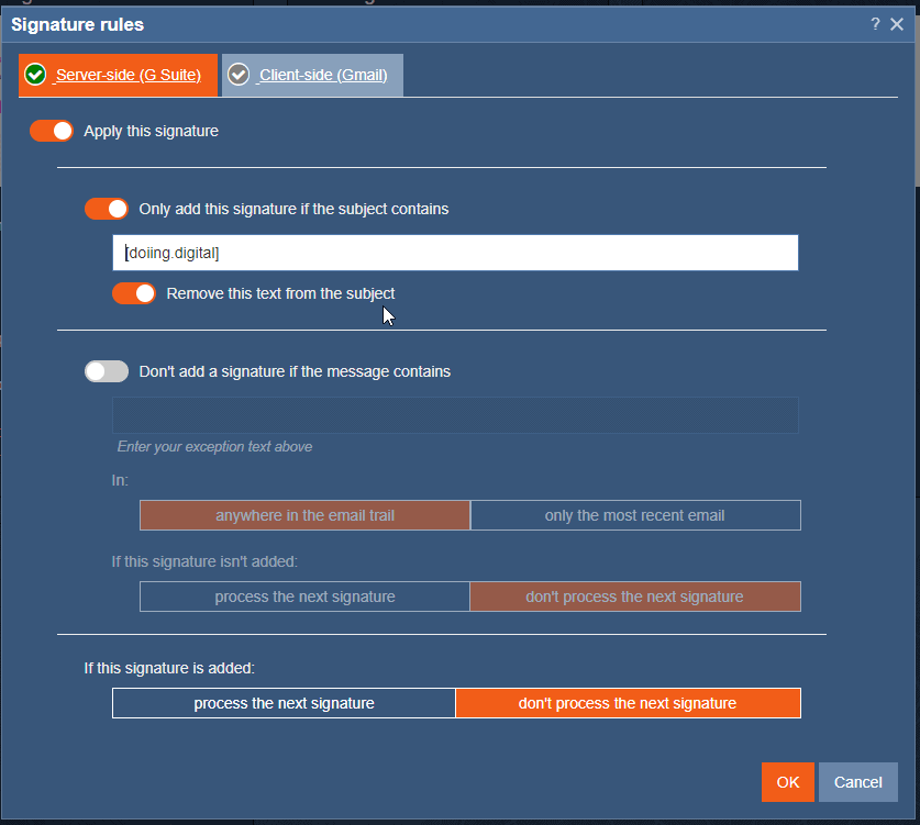 Exclaimer Signature Apply Signature based on subject