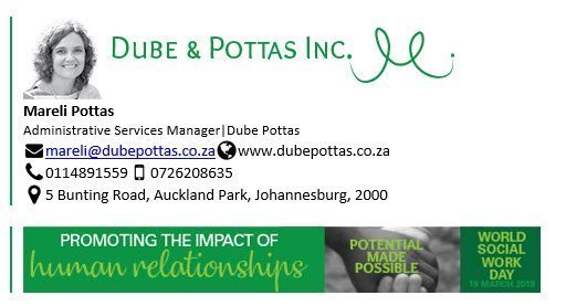 Dube and Pottas Banner World Social Work Day - Exclaimer Email Signature 