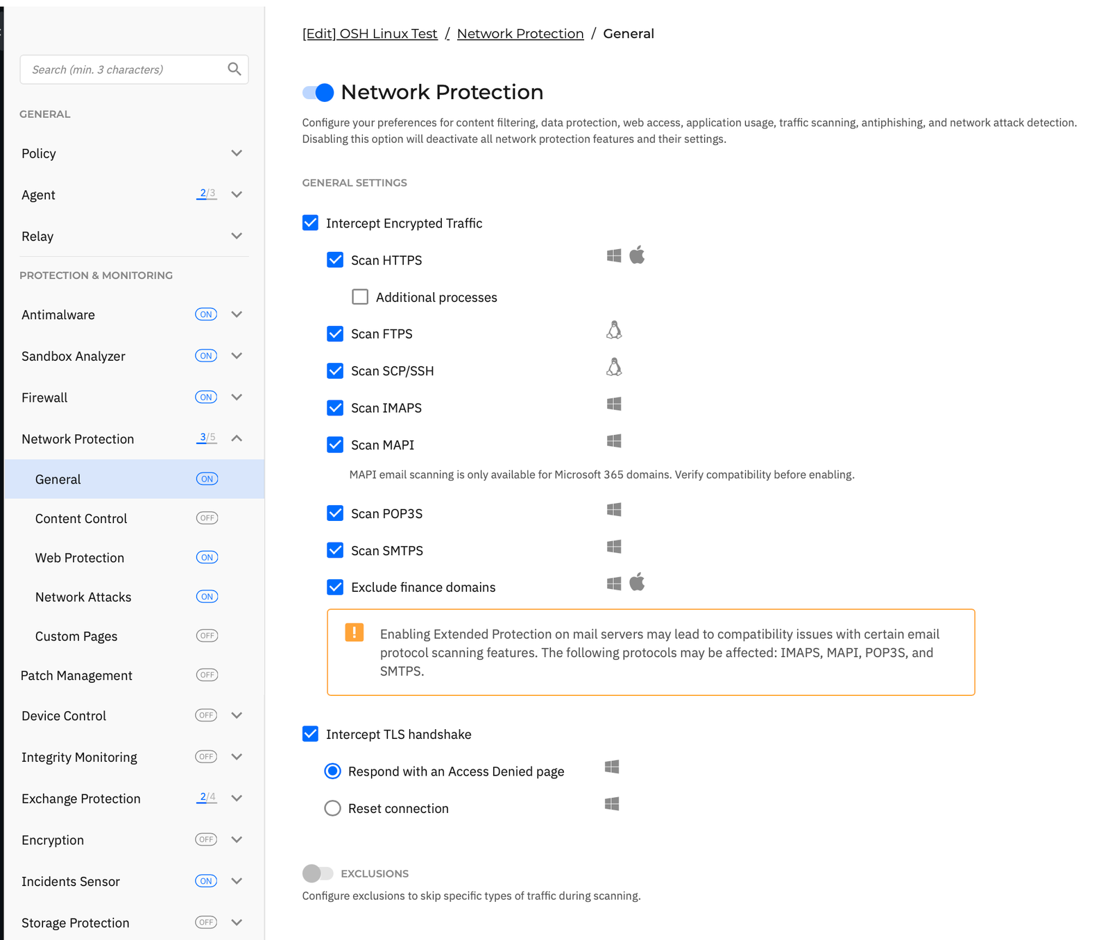 GravityZone Network Protection General settings showing Intercept Encrypted Traffic with Scan SCP/SSH ticked and marked Linux-only