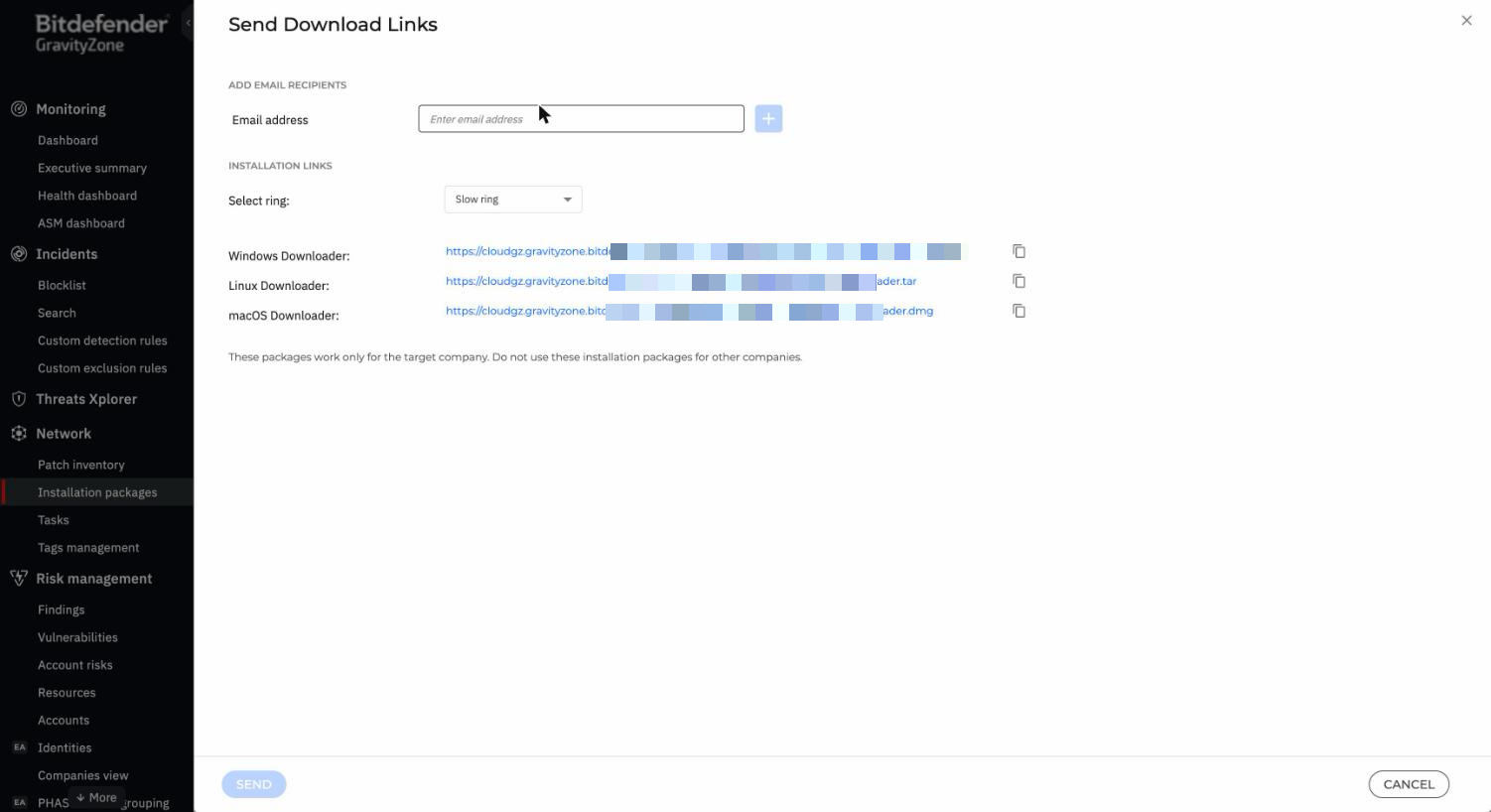 GravityZone Send Download Links panel showing Windows, Linux and macOS downloader URLs, package tokens redacted