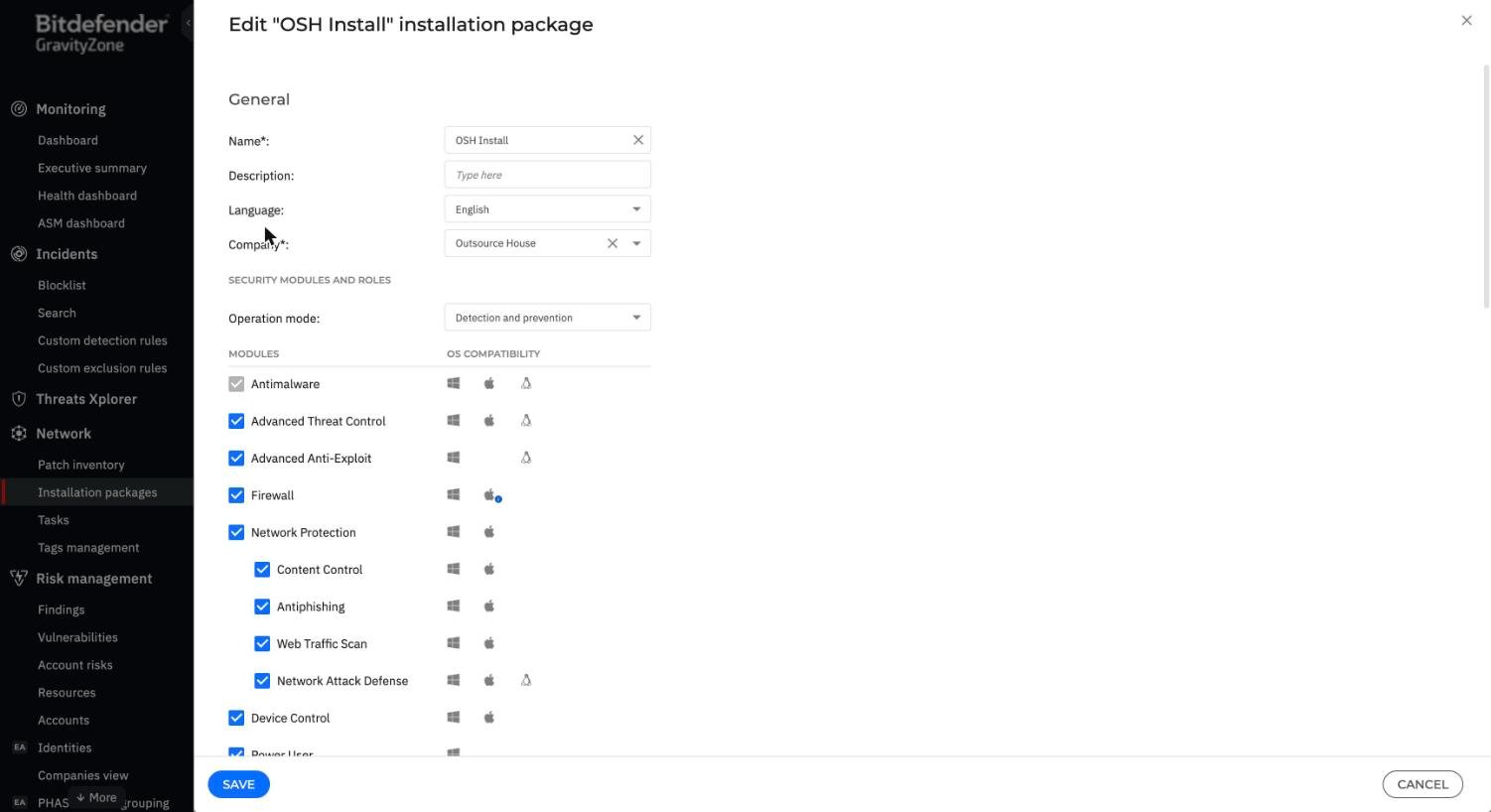 GravityZone Create Installation Package screen showing security modules and per-OS compatibility icons for Windows, macOS and Linux