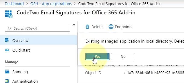 Azure Active Directory Admin Center - App Registrations - Delete CodeTwo App registrations