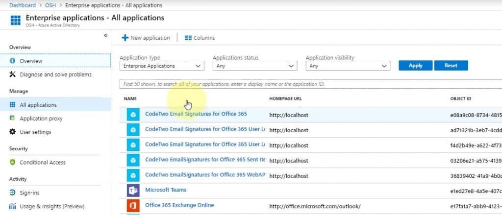 Azure Active Directory Admin Center - Enterprise Applications - List of All CodeTwo Applications