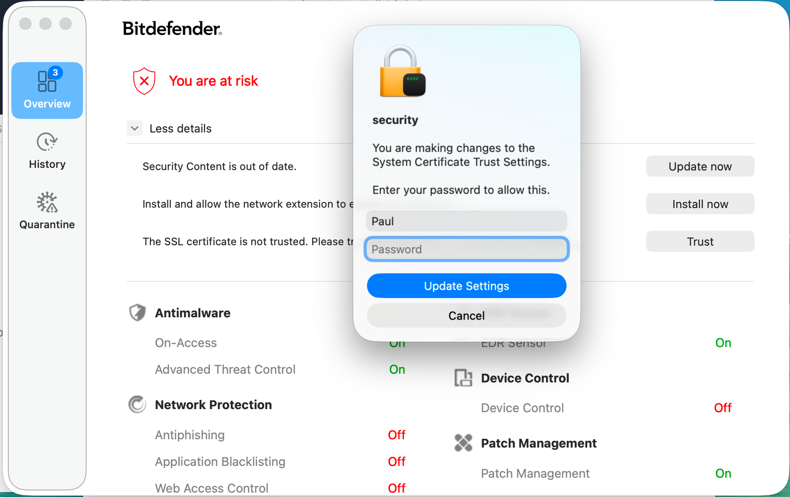Bitdefender security dialog asking the user to enter their password to update the System Certificate Trust Settings, part of enabling SSL/network traffic scanning on macOS